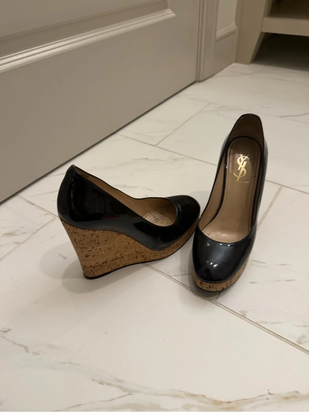 YSL - Black Patent Cork Wedge Pumps - 39